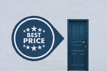 best price icon next to a blue door