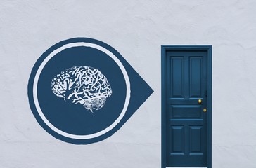 brain sign next to a blue door