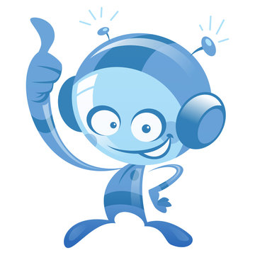 Happy cartoon blue astronaut smiling and making thumb up gesture