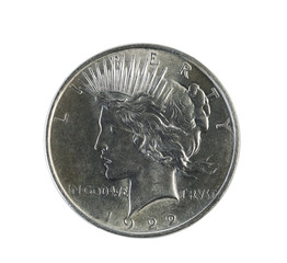 Silver Peace Dollar on White