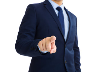 Business man touch screen against white background
