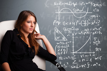 Beautiful school girl thinking about complex mathematical signs