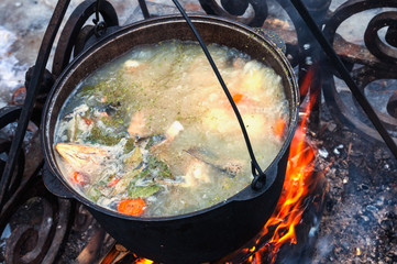 cooking fish soup in a pot on the fireplace