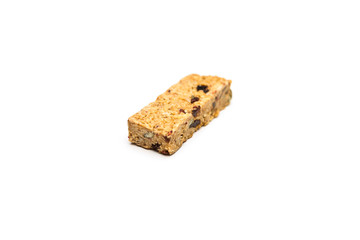 Healthy oatmeal energy bar isolated on white.