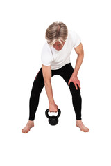 Obraz premium Senior fitness man exercising with weight. Isolated on white.