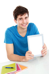 Man showing screen of digital tablet