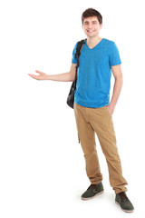 young casual male presenting something