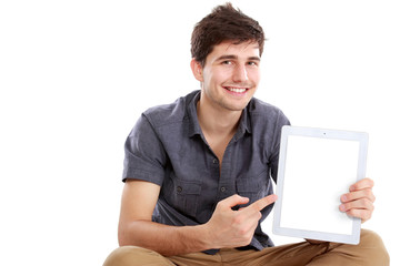 Man showing screen of digital tablet