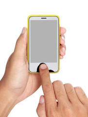 Hand holding mobile smart phone with blank screen