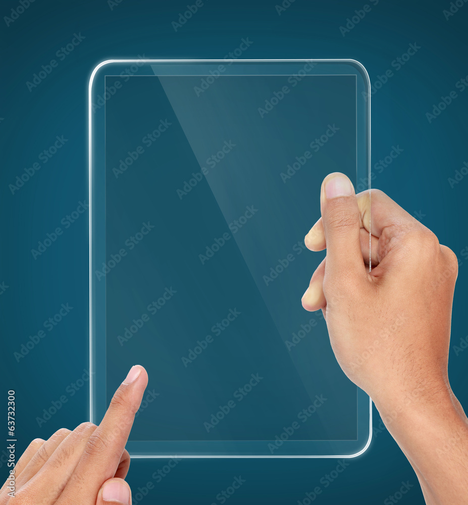 Wall mural hands holding futuristic transparent tablet pc