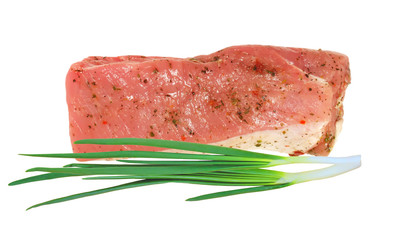 tasty bacon with spices and green onion isolated on white