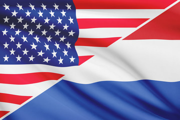 Series of ruffled flags. USA and Netherlands.