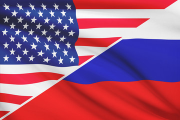 Series of ruffled flags. USA and Russia.