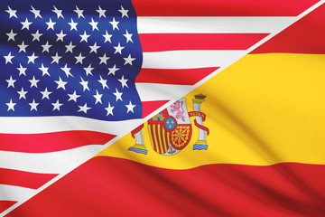 Series of ruffled flags. USA and Spain.