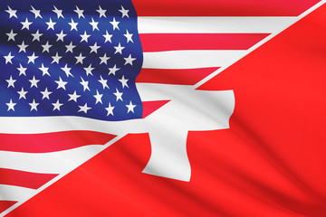Series of ruffled flags. USA and Switzerland.