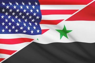 Series of ruffled flags. USA and Syria.