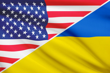 Series of ruffled flags. USA and Ukraine.