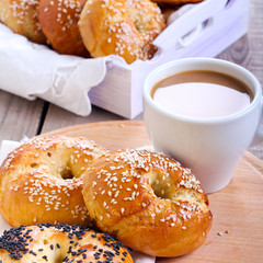 Homemade bagels, and cup of coffee