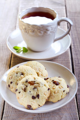 Double chocolate chip cookies and cup of tea