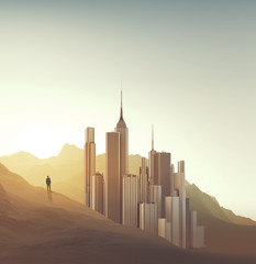 Businessman and city in a desert