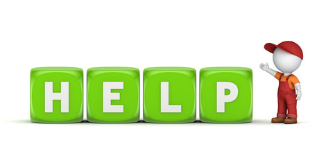 3d small person in workwear and word HELP.