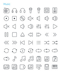 56 Thin Icons Set of music. Simple line icons pack