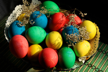 Fototapeta na wymiar Colorful easter eggs with decorations