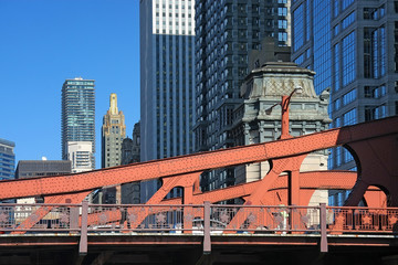 Chicago buildings and red bridge