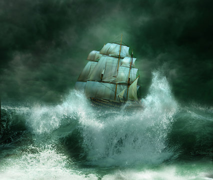 old ship in a thunderstorm