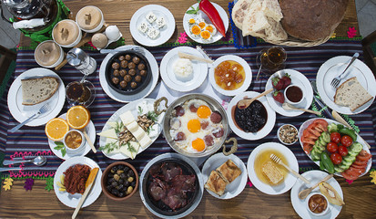 Classic Turkish style breakfast from above