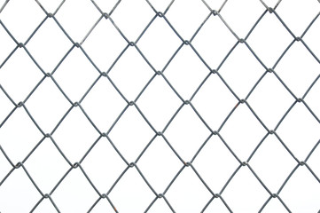 Chainlink metal wire fence on white background