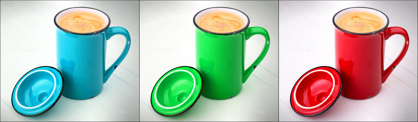 red, green and blue cup of Coffee set