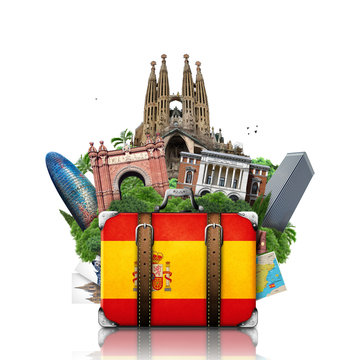 Spain, landmarks Madrid and Barcelona,  travel suitcase