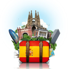 Obraz premium Hiszpania, zabytki Madrytu i Barcelony, walizka podróżna