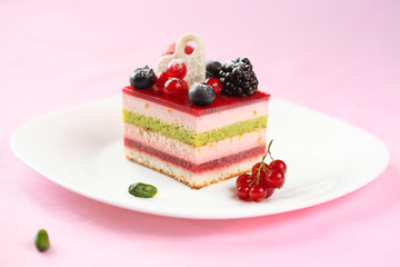 Multi-layered Berry and Pistachio Mousse Cake