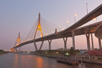 Twilight scenery of Bhumibol Bridge in Samut Prakarn, Thailand