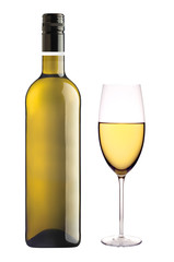 White wine glass and bottle of wine isolated on white