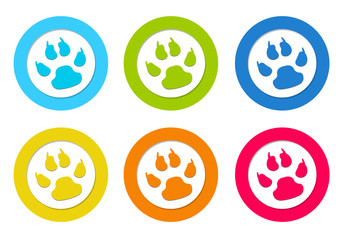 Set of colorful rounded icons with pet footprints symbol
