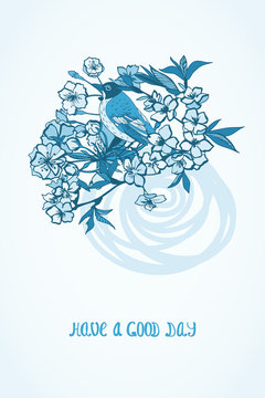 Good day wishing card with flowers and bird