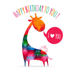 Greeting card with cute colorful giraffe. Happy birthday card. v - 63771927