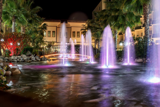night fountains in luxury resort