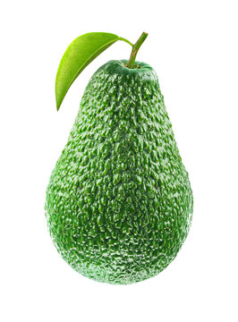 Isolated avocado. One fresh green avocado fruit with leaf isolated on white background