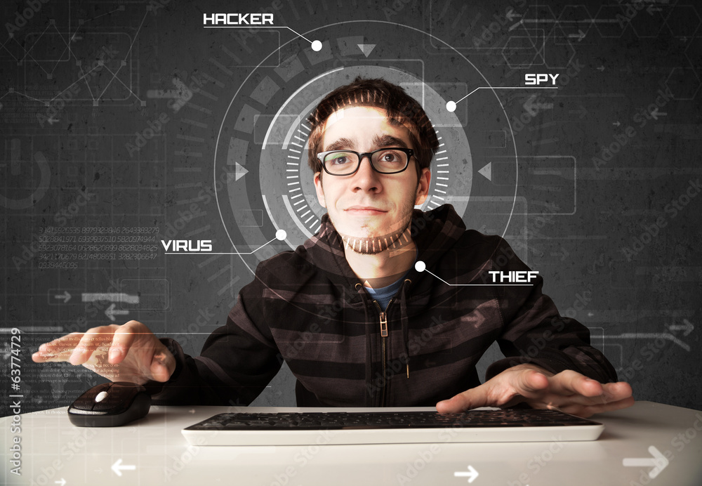 Poster Young hacker in futuristic enviroment hacking personal informati