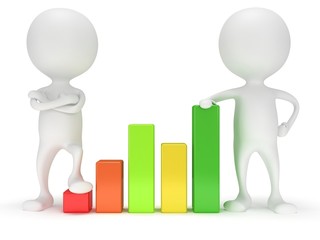 3d people stand near colored bar graph