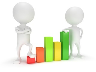 3d people stand near colored bar graph