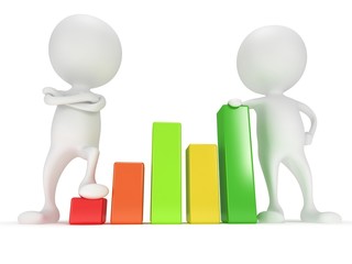 3d people stand near colored bar graph