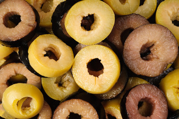 rings green and black sliced olives background.