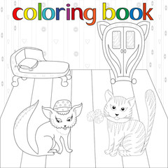 Cat and pussy in room for coloring book