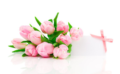 beautiful tulips with with blank for text on a white background.