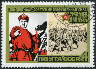 USSR - 1968: shows 1918 poster and marching volunteers